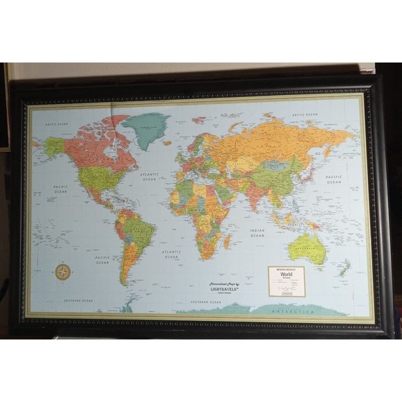 Laminated Rand McNally Modern World Map Genuine Black Wood Frame 33"wx22h